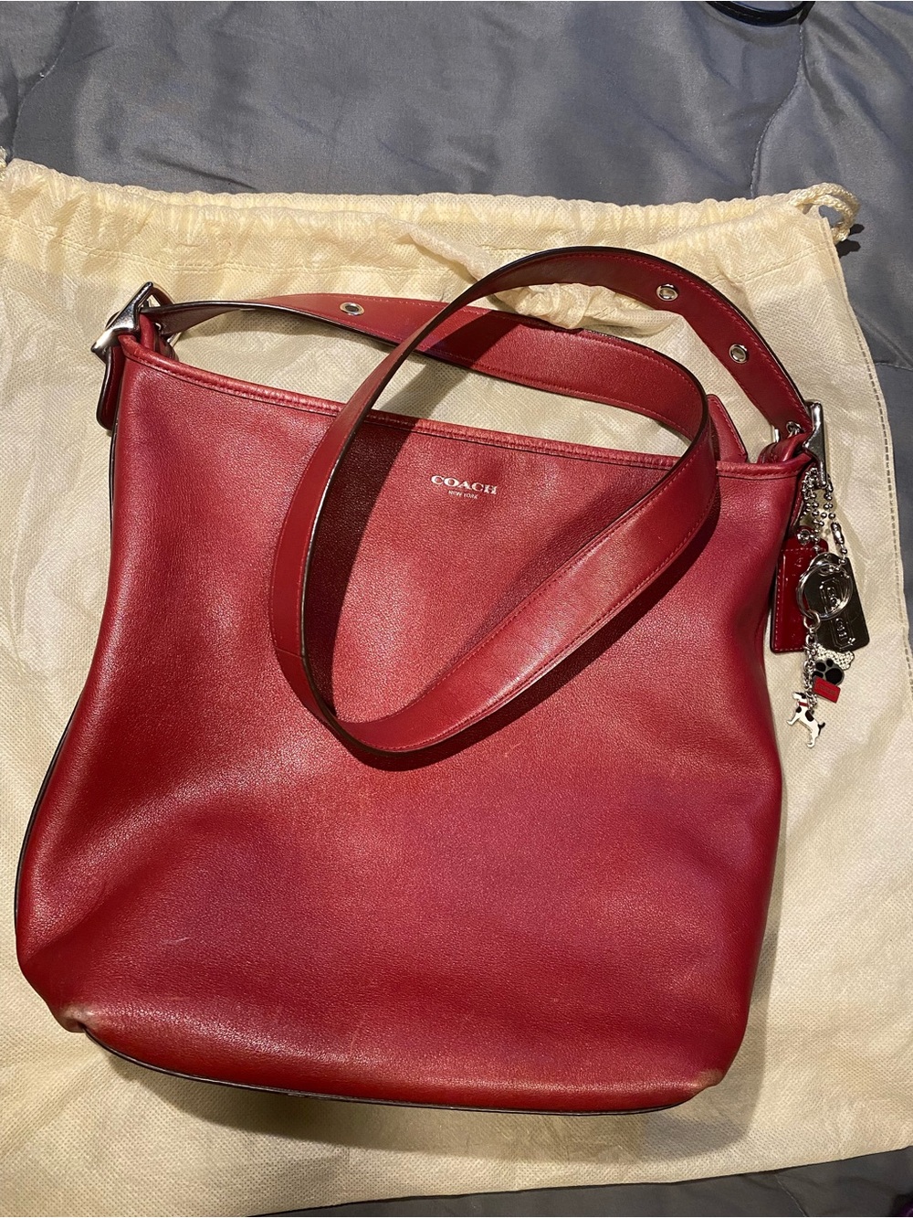 Coach Crimson Leather Shoulder Bag with Strap and Charm
